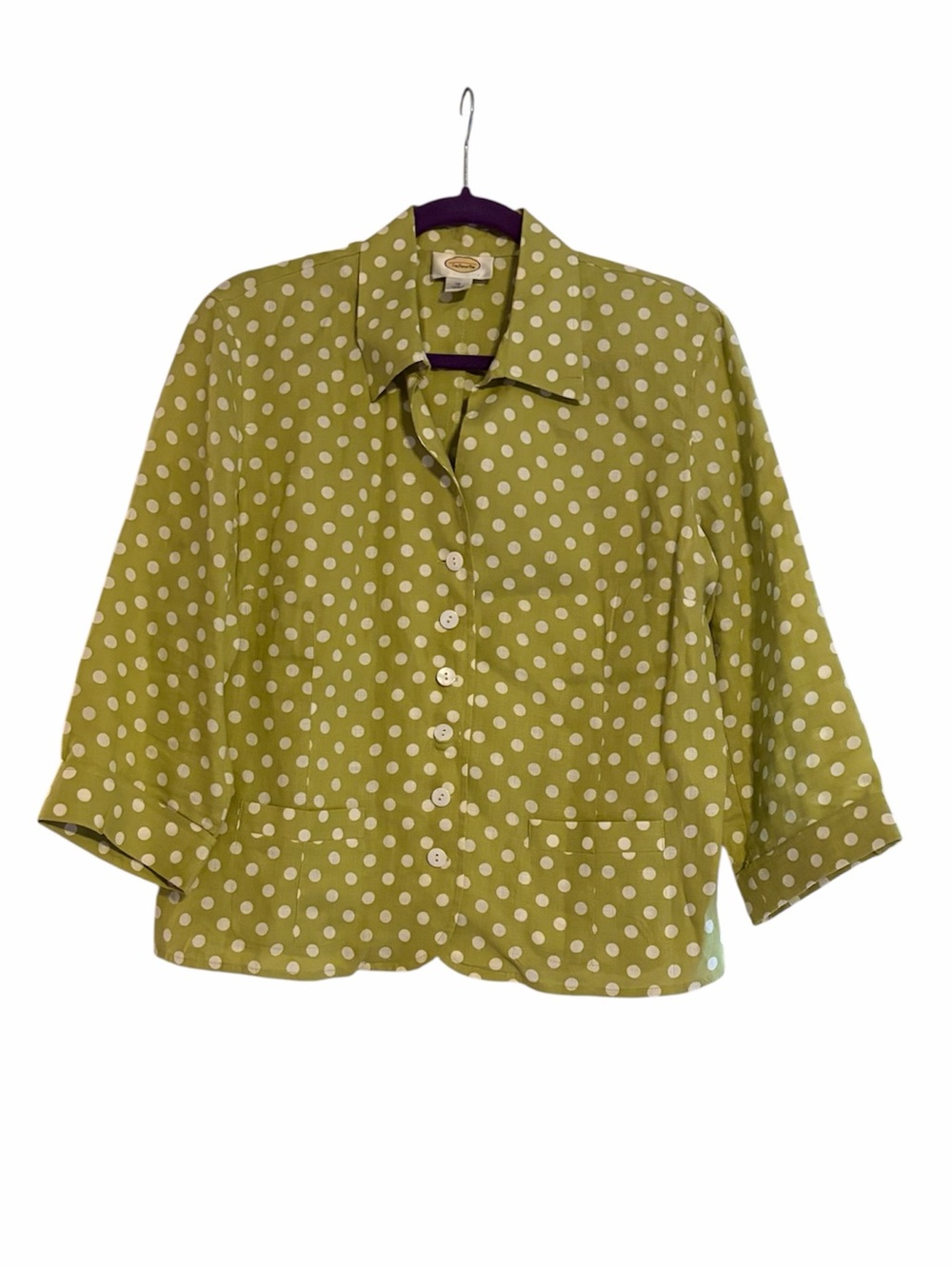 Talbots 100% Linen Polka Dot Button Downโ Shirt Lime Green White Size 12